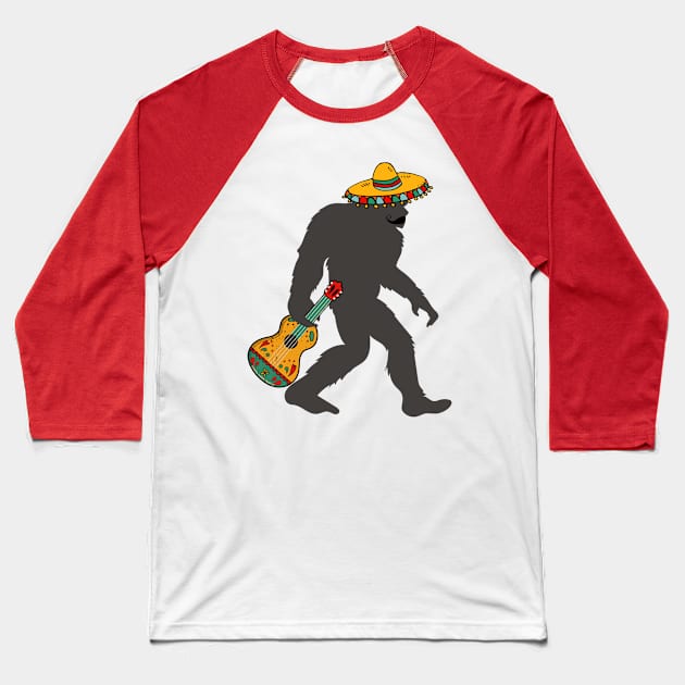 Funny Bigfoot with Moustache and Mexican Guitar for Cinco de Mayo Baseball T-Shirt by Dibble Dabble Designs